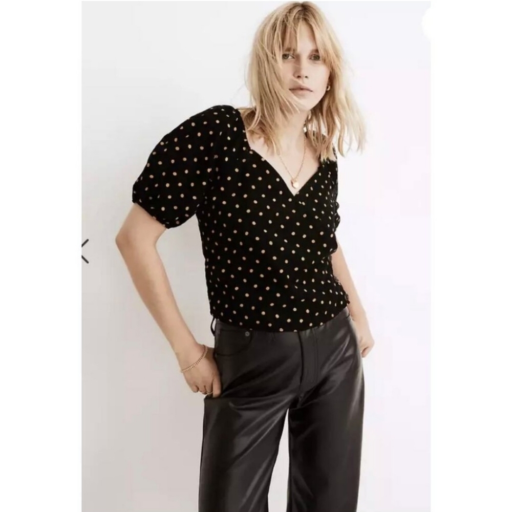 Madewell Womens Corduroy Puff-Sleeve Wrap Top Black Oval Dot Faux Wrap